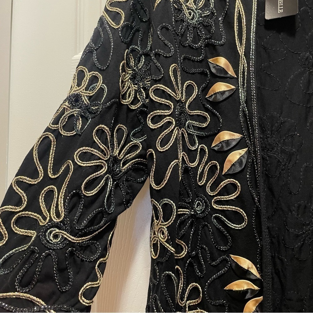 Boho Embroidered Duster Cardigan Black Open Front Floral Jacket Woman's M - Picture 3 of 4